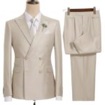 Beige Double Breasted Men's Slim Fit Suit Fashion Business Office Formal Clothes Men's Casual Suit 2 Piece Set (Jacket+Pant)